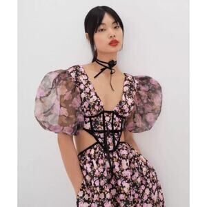B22 For Love & Lemons Floral Midi Dress Womens XS Puff Sleeve Sheer Maddison